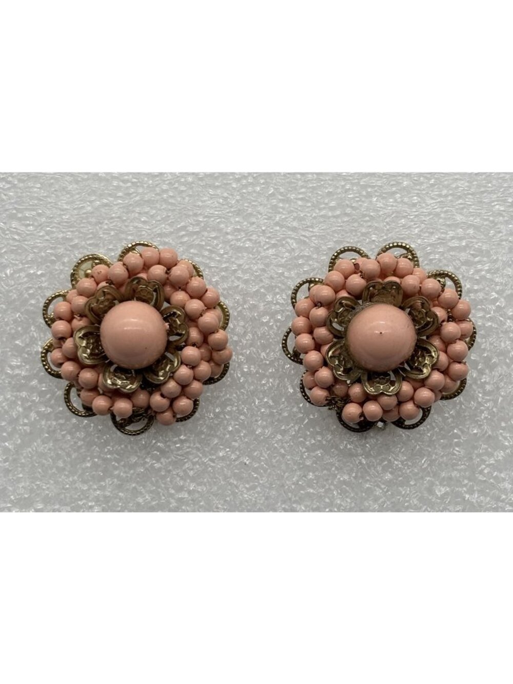 Vintage Mid Century Cluster Clip On Earrings Gold Tone Filigree Faux Pink Coral